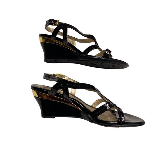 Sofft Womens 7M Black Leather Buckle Adjustable Strap Wedge Slingback Sandals - Picture 3 of 9